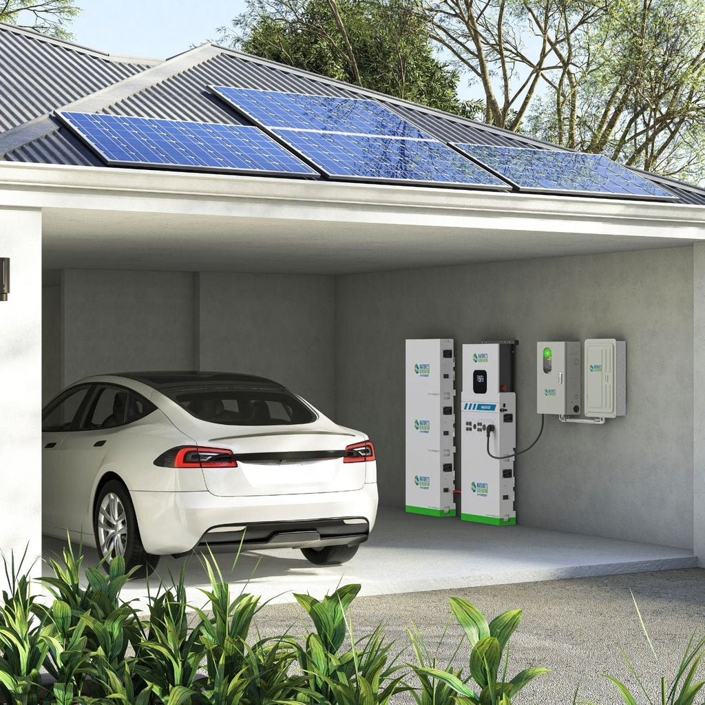Electric car charging station with solar panels on a house roof