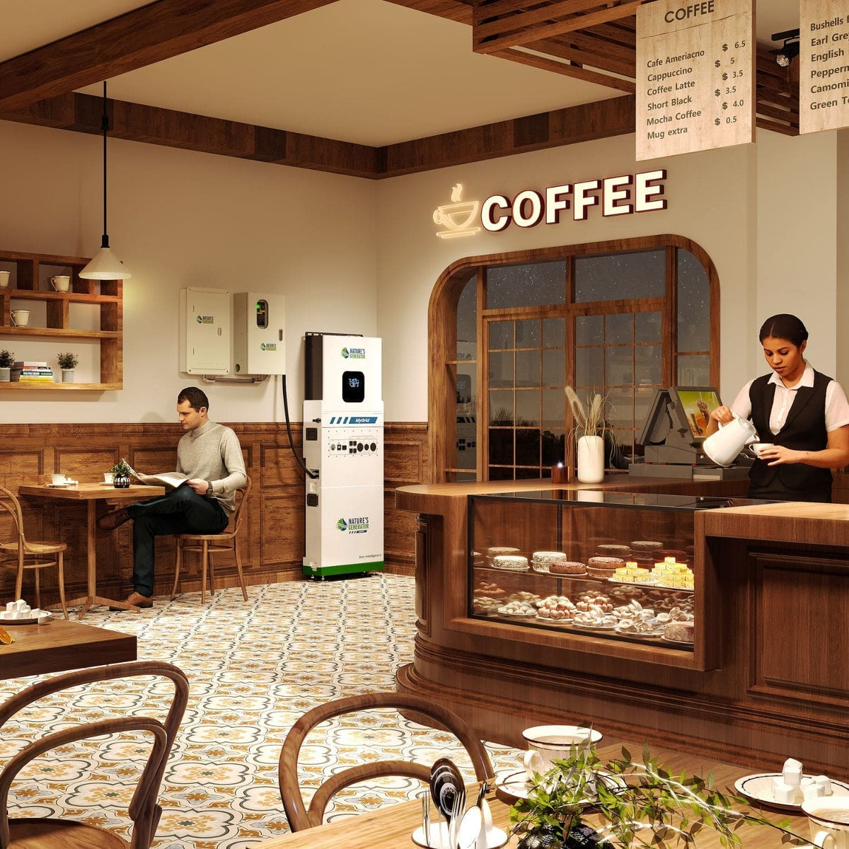 Interior of a coffee shop with a counter, seating area, and a person working on a laptop.
