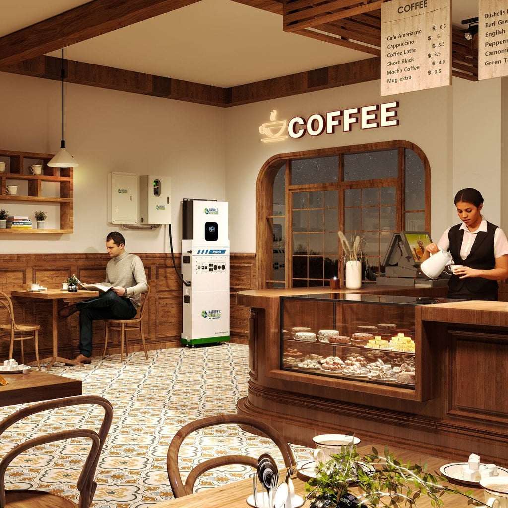Interior of a coffee shop with a counter, seating area, and a person working on a laptop.