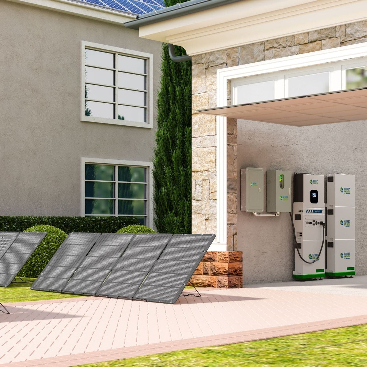 Solar panels and electric vehicle charging station in front of a house
