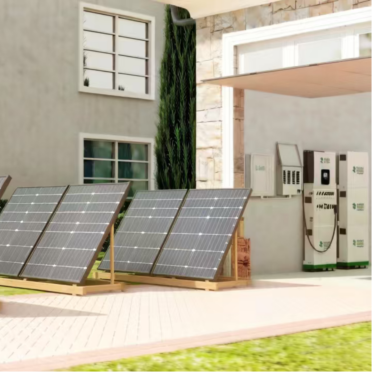 Solar panels on a stand outside a building with an electric vehicle charging station.