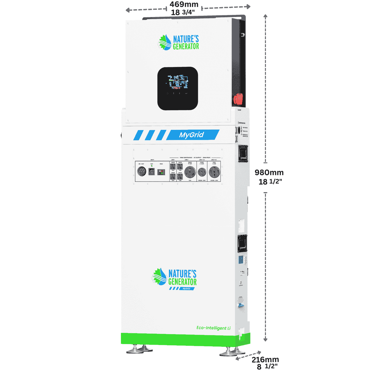 Power inverter with dimensions labeled on a white background