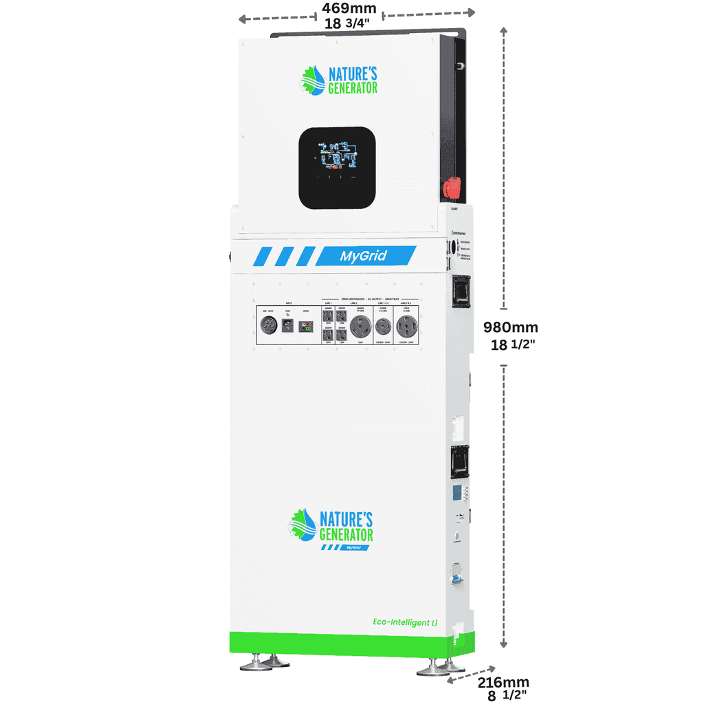 Power inverter with dimensions labeled on a white background