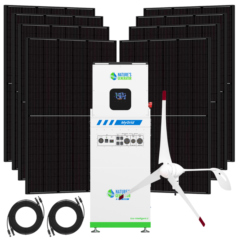 Solar panel system with battery and wind turbine on a white background
