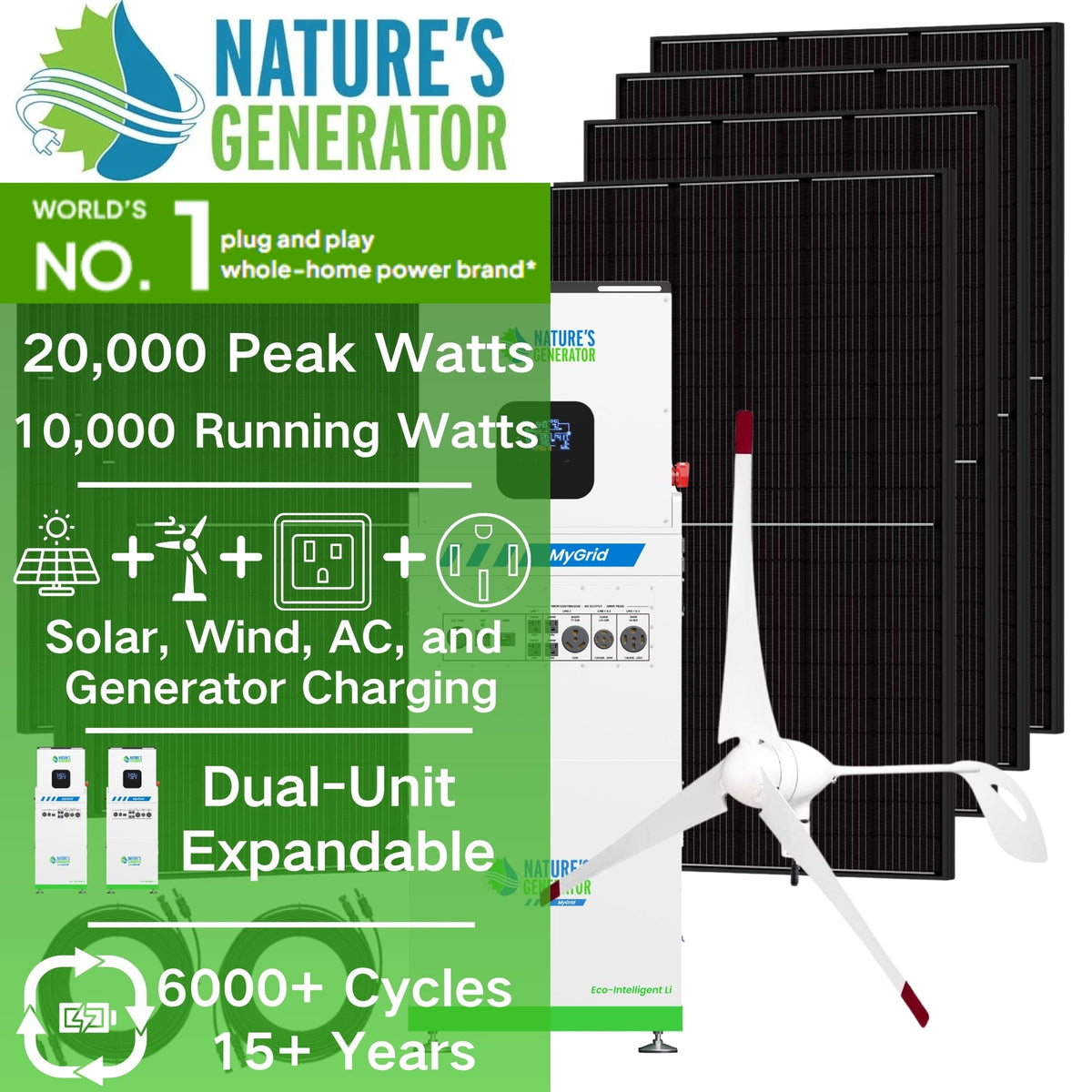 Nature's Generator power system with solar panels and wind turbine on a white background