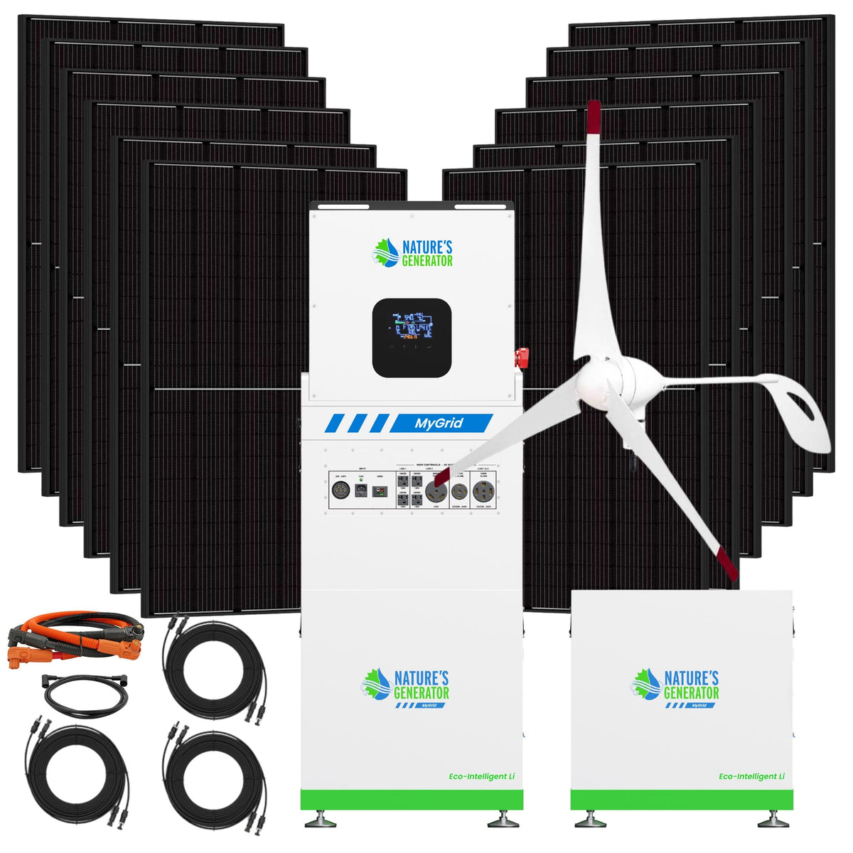 Solar panel system with wind turbine and battery storage unit on a white background