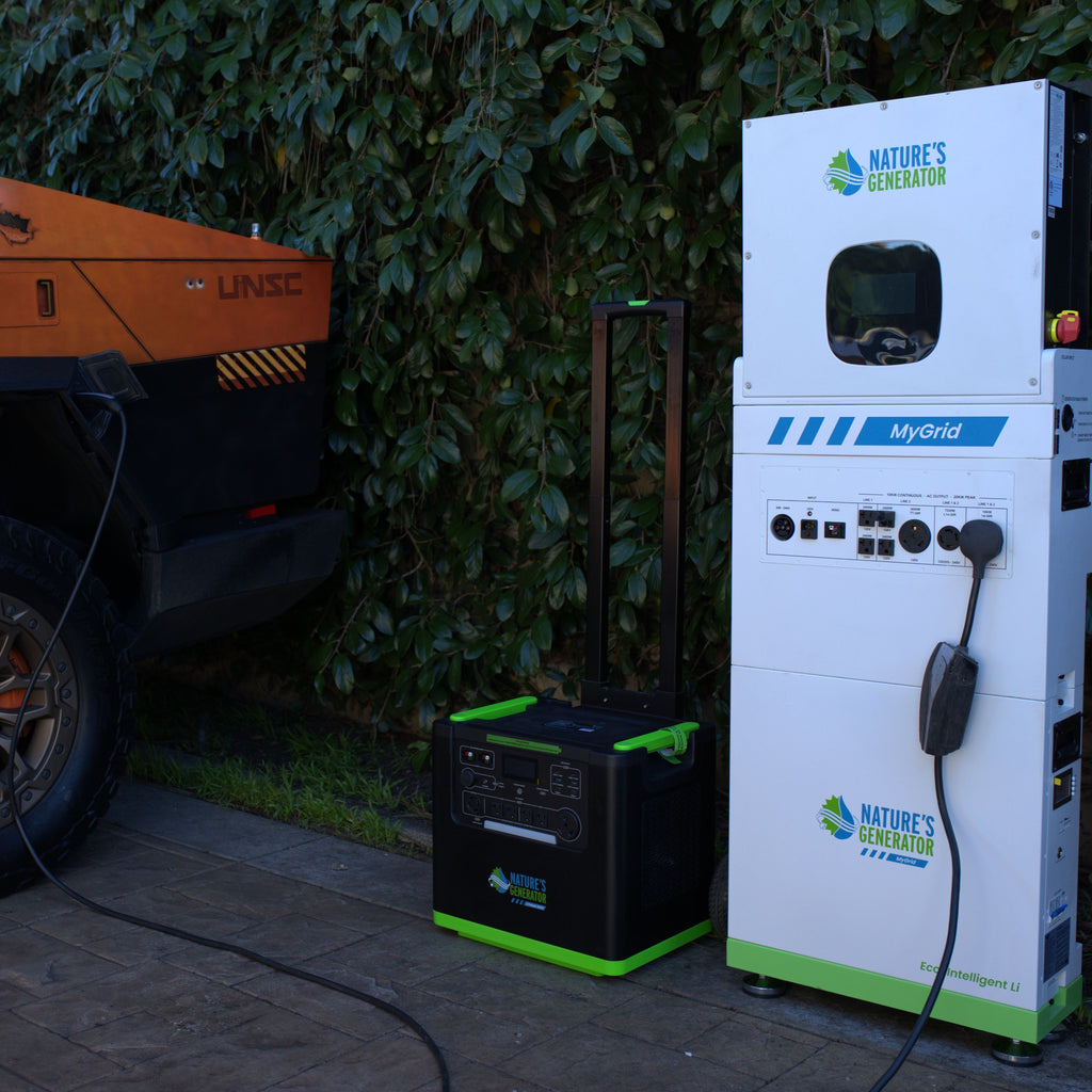 Nature's Generator power station and portable battery pack outdoors.