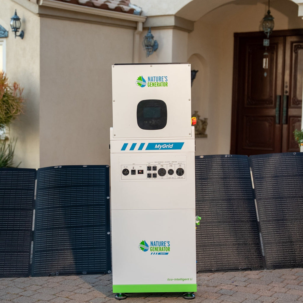 MyGrid battery energy storage system in front of solar panels on a patio