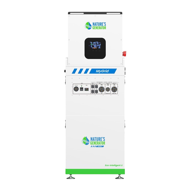A white Nature's Generator MyGrid Eco-intelligent UHF portable power station with a digital display screen, control panel, and green and blue branding on a solid white background.