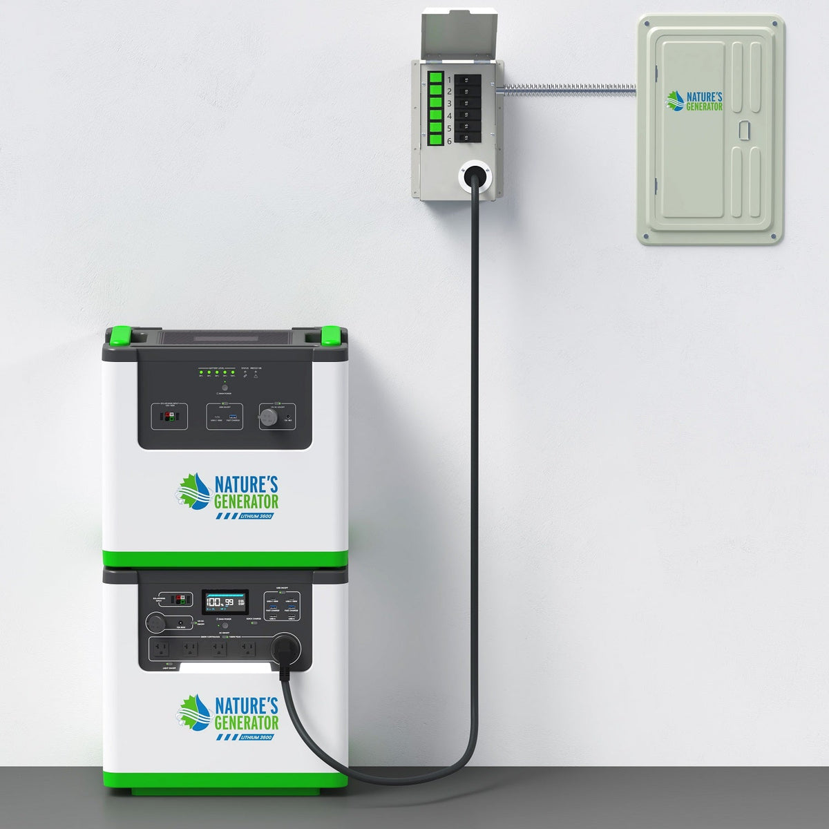 Power station with cable attached to a wall socket on a white background