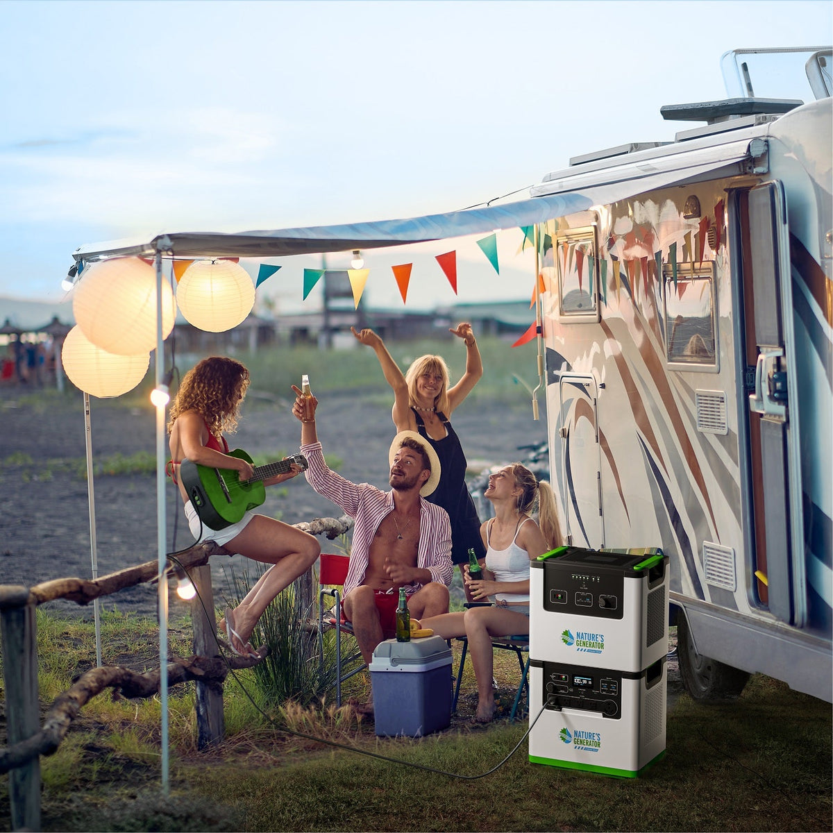 Group of people enjoying a campsite with an RV and outdoor lights, featuring a Power Station product.