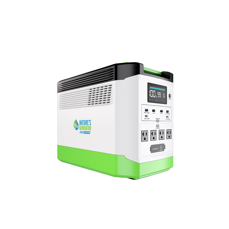 A portable power station with a white body, bright green base, and black top panel, featuring multiple USB-A and USB-C ports, power outlets, and a digital display screen. The brand 'Nature's Generation' is visible on the side.