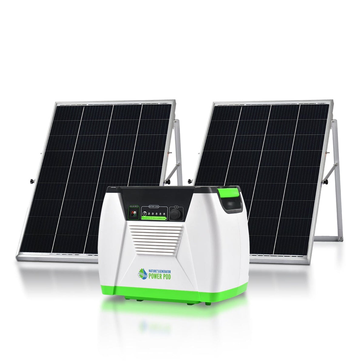 Solar panels and a power station on a white background