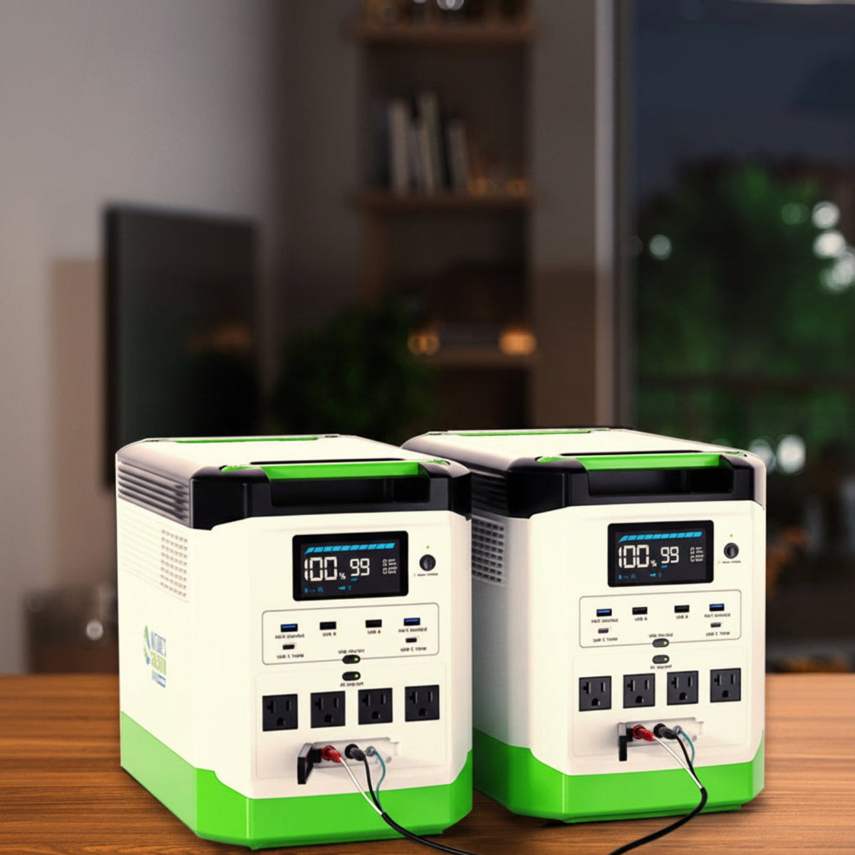 Two power stations with digital displays on a wooden surface.