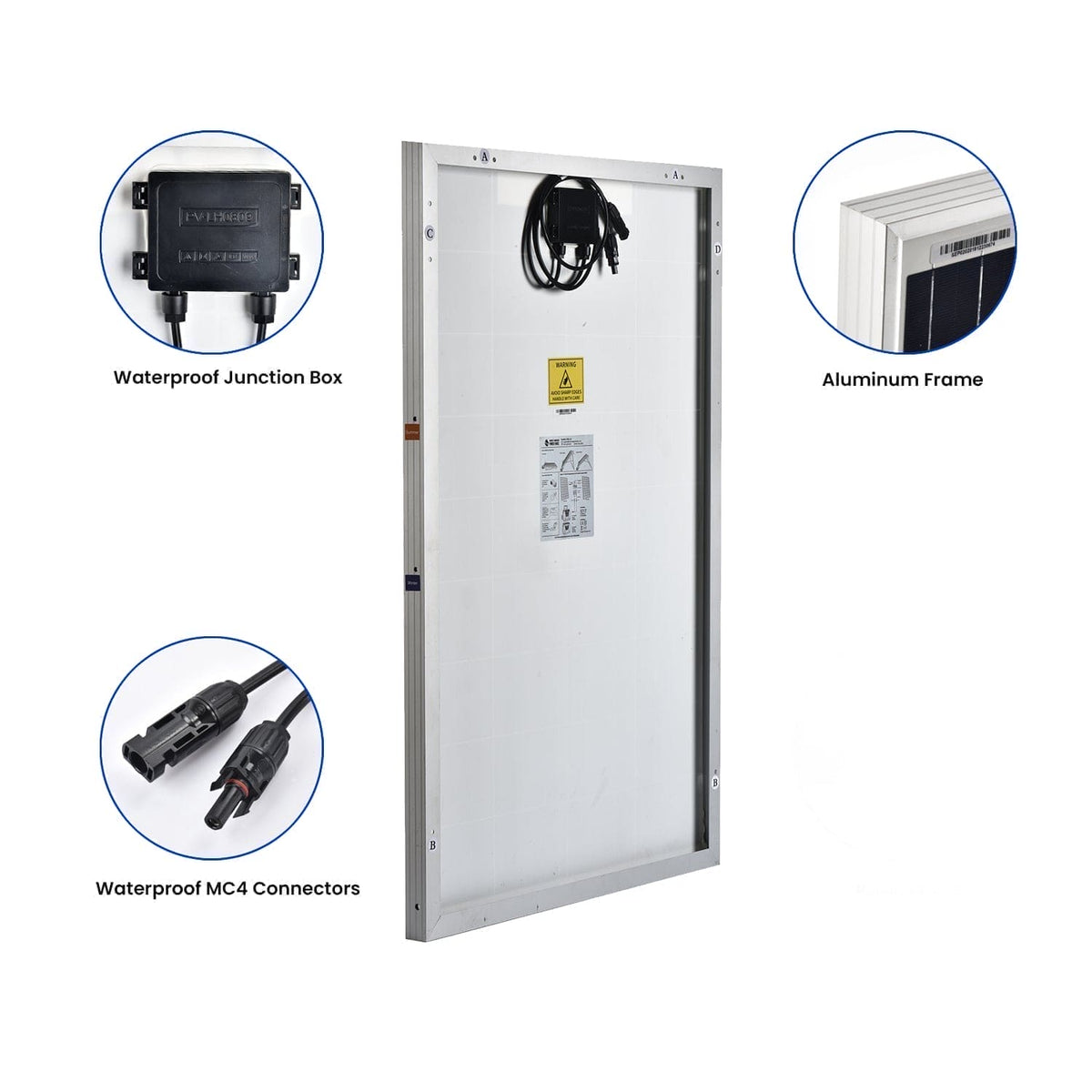 Solar panel with waterproof junction box, aluminum frame, and MC4 connectors on a white background