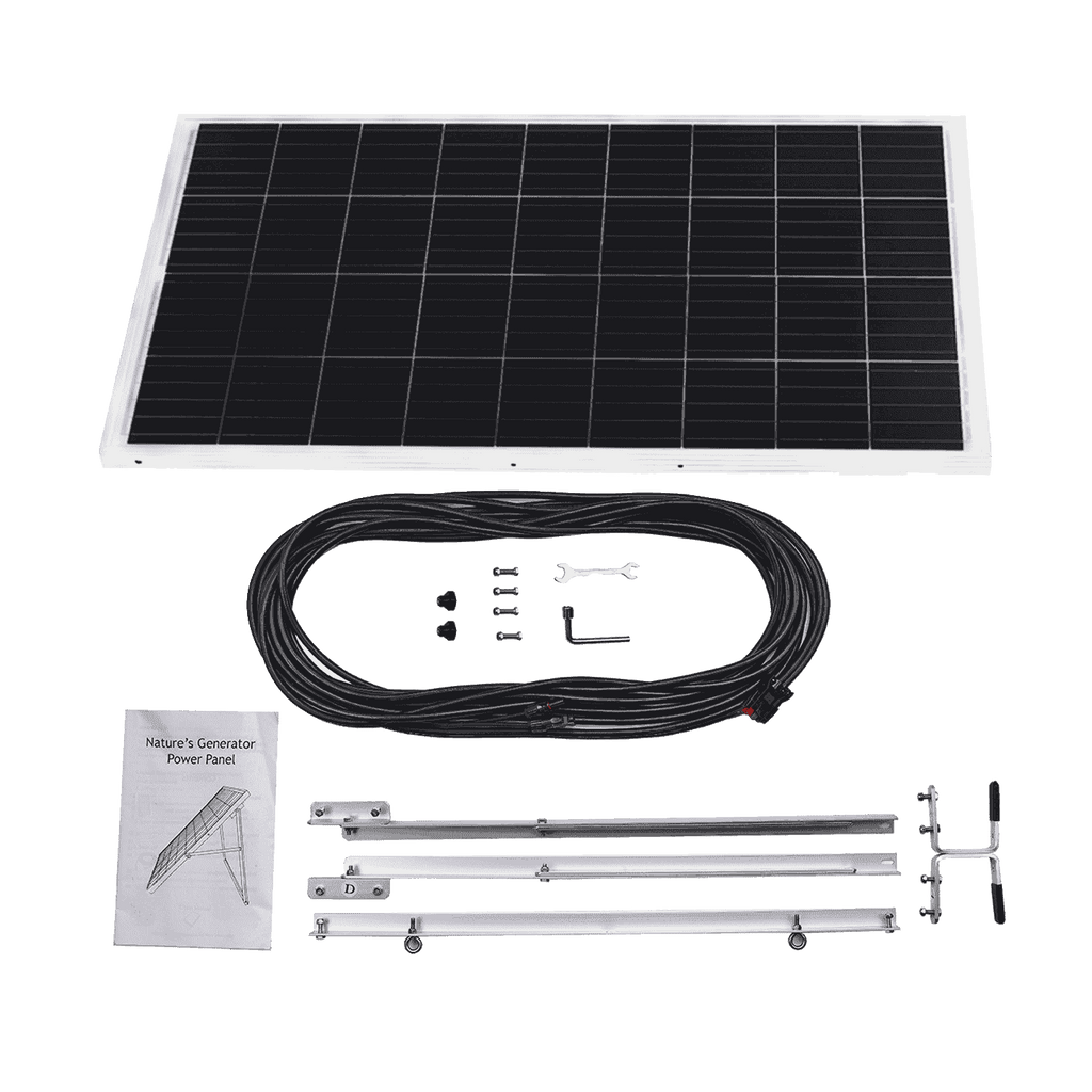 Solar panel kit with cables, mounting brackets, and installation manual on a green background