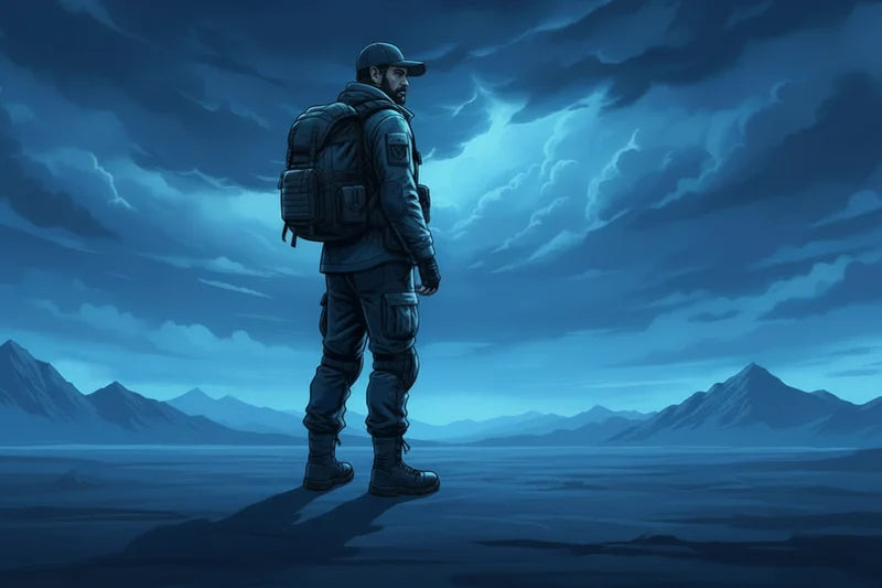 A digital illustration of a soldier standing in profile on a flat landscape, looking out toward distant mountains under a dramatic, stormy blue sky. The soldier is wearing tactical gear, including a cap, jacket, pants, and a backpack.