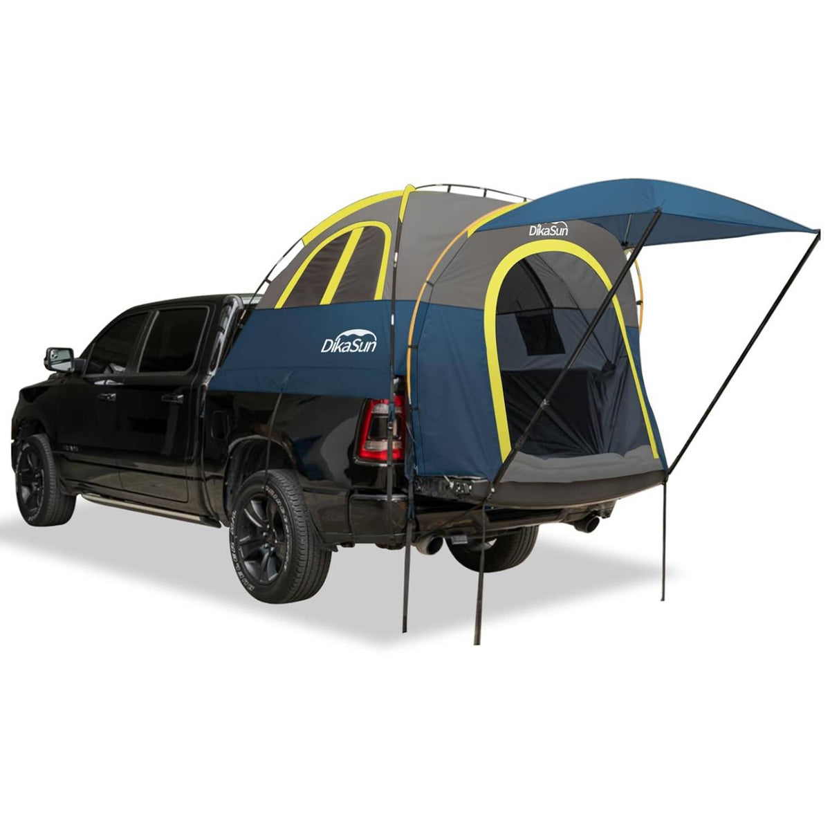 Blue and gray truck tent attached to a black pickup truck on a white background