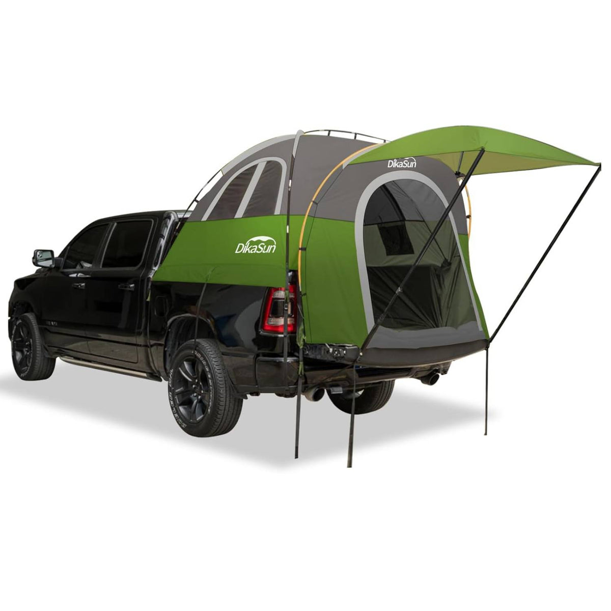 Green and gray truck tent attached to a black pickup truck on a white background