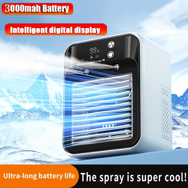 Portable air cooler with digital display and spray feature, set against a snowy landscape background.