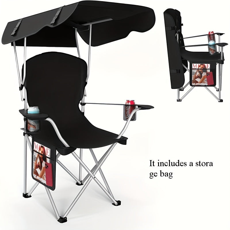 Black folding chair with canopy and magazine holder on a white background