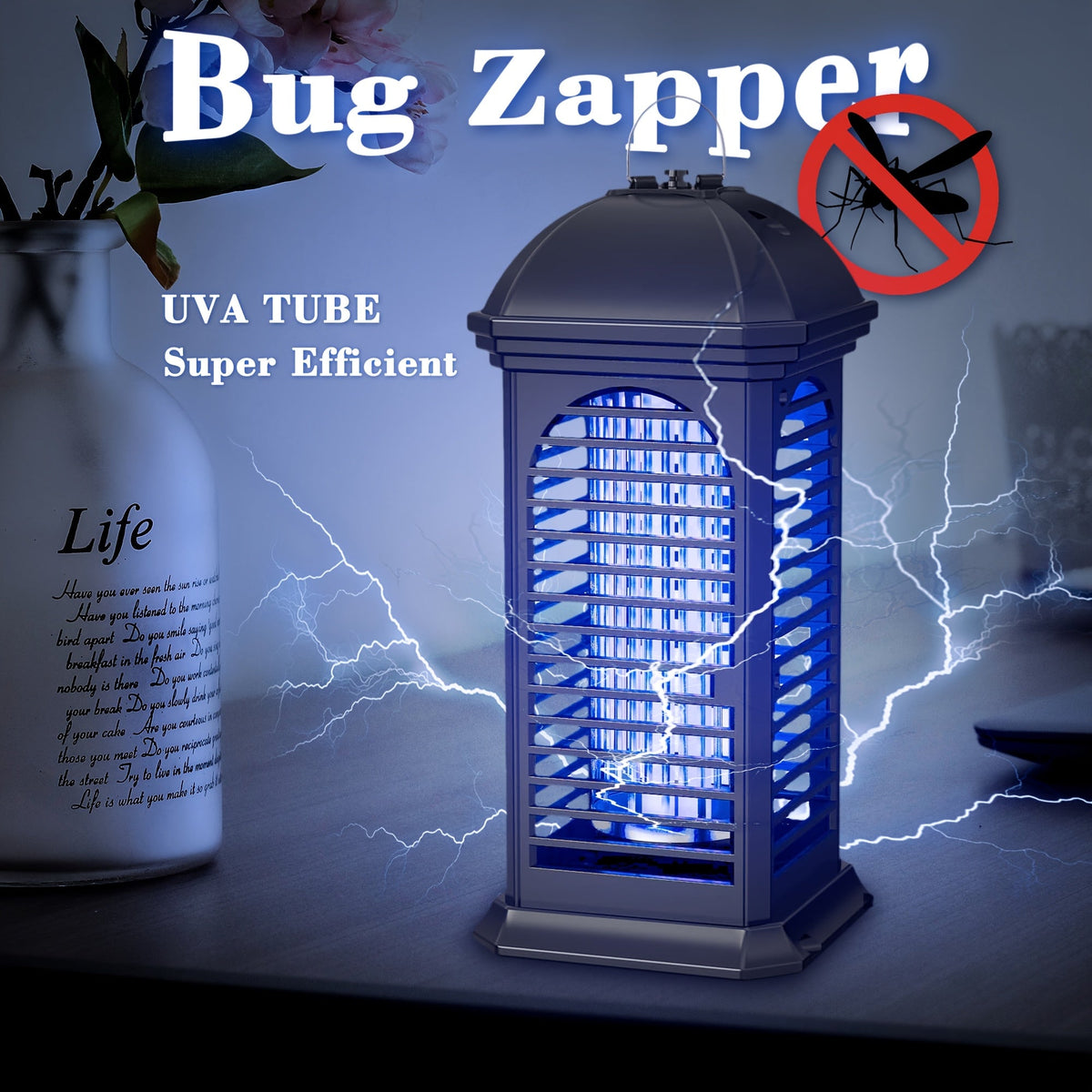Bug zapper with UVA tube on a dark background