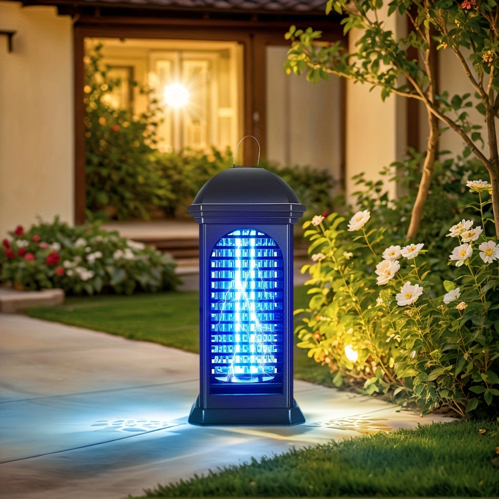 Solar lamp with blue light emitting area in a garden setting