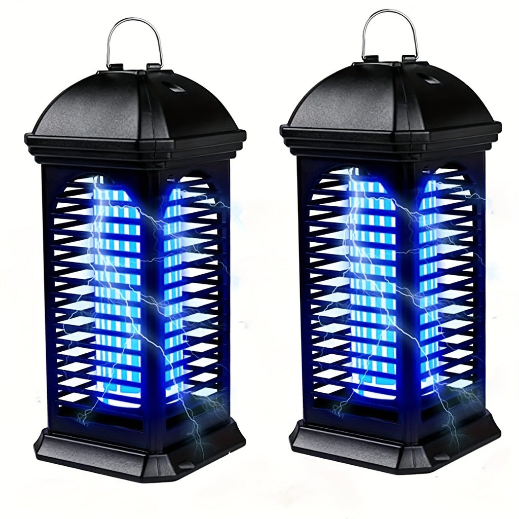 Two black outdoor mosquito lights with blue light output on a white background