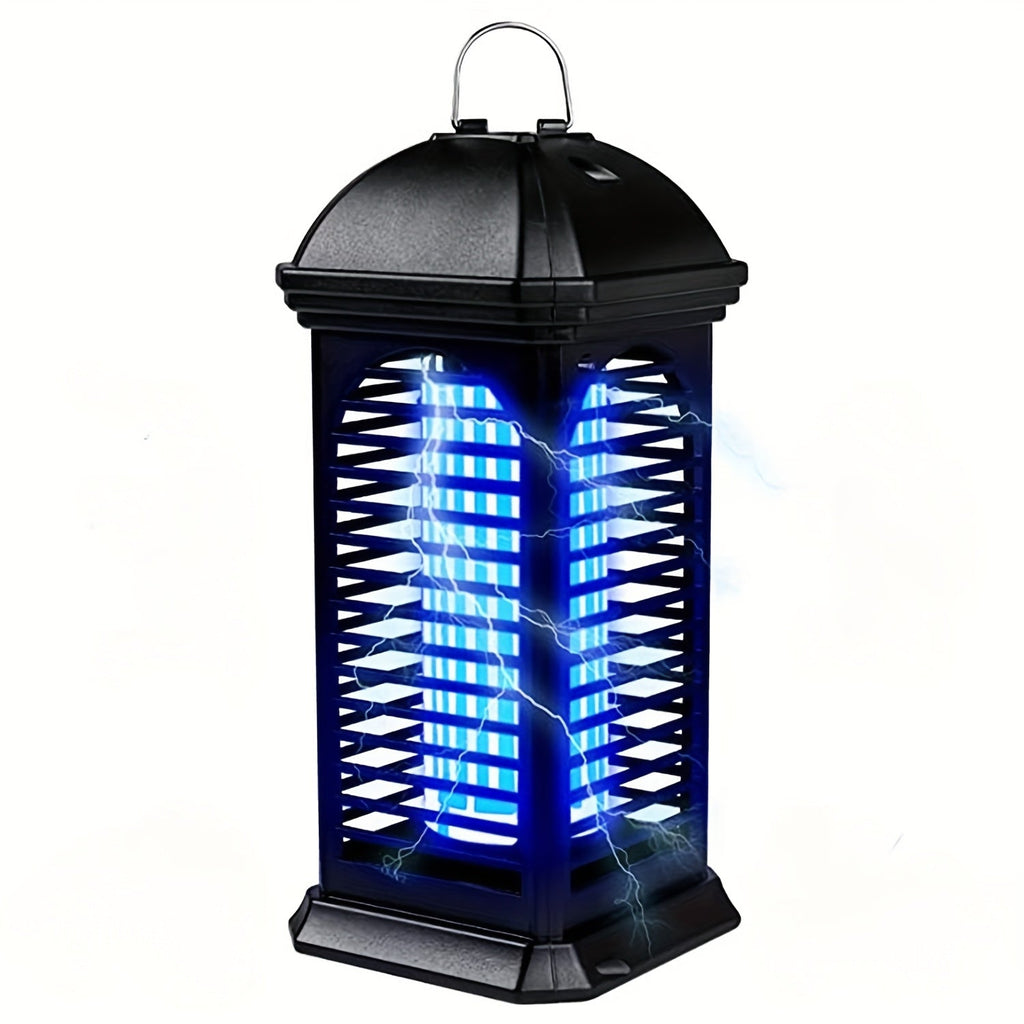 Black outdoor mosquito zapper with blue light on a white background