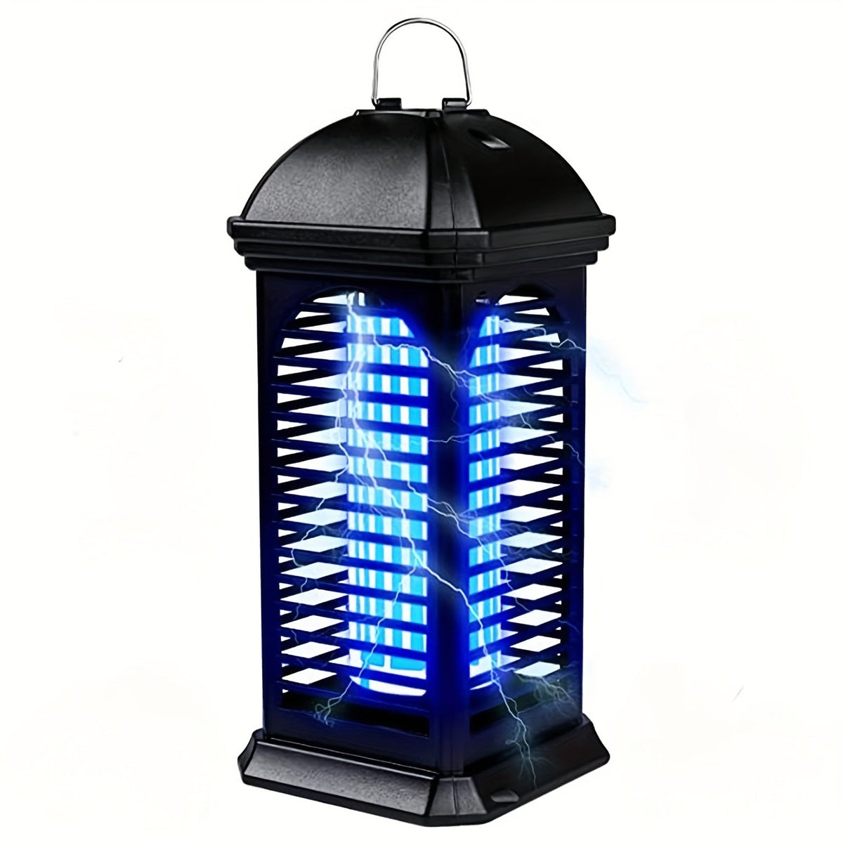 Black outdoor mosquito zapper with blue light on a white background