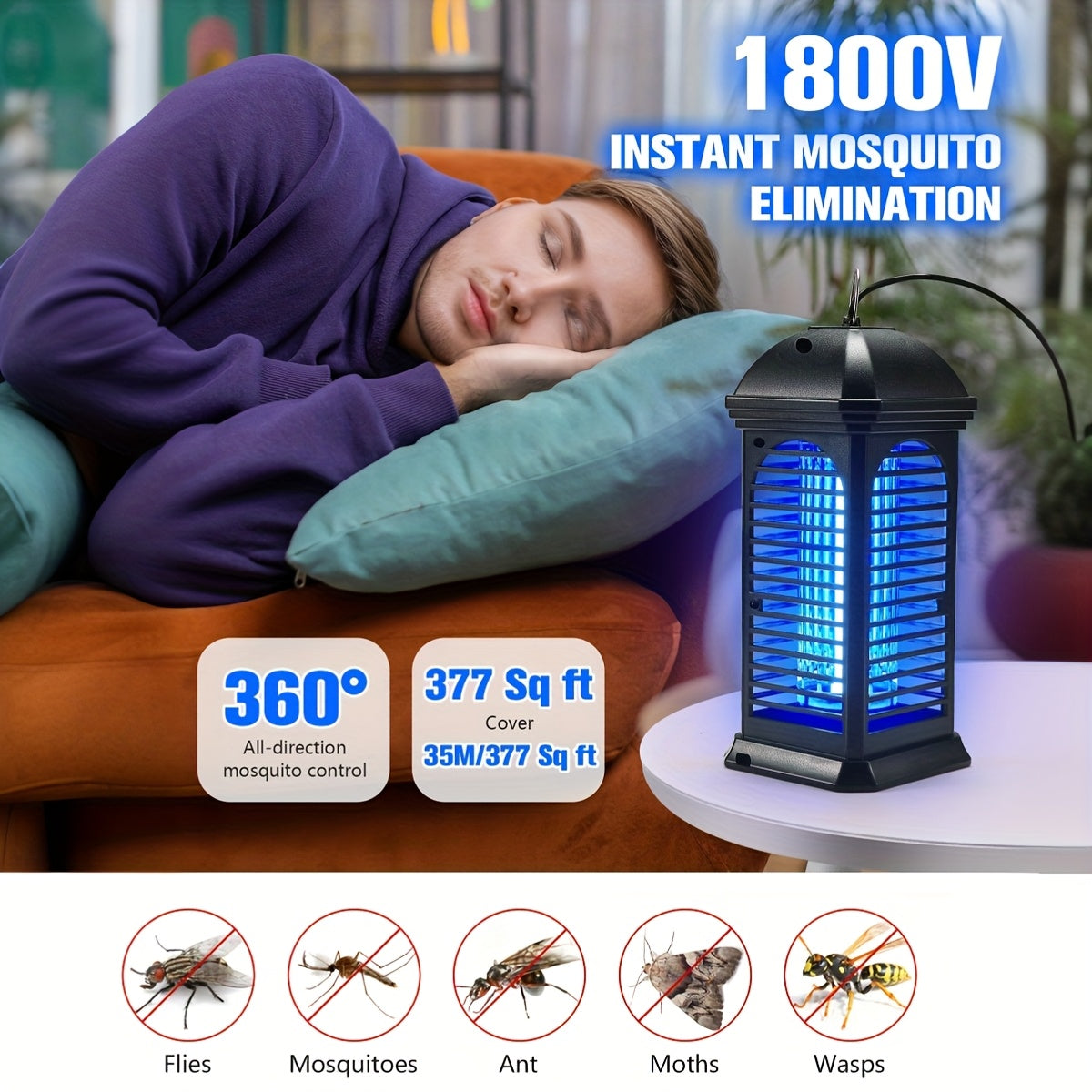 Person sleeping on a couch with a mosquito repellent device emitting blue light, surrounded by text highlighting features.