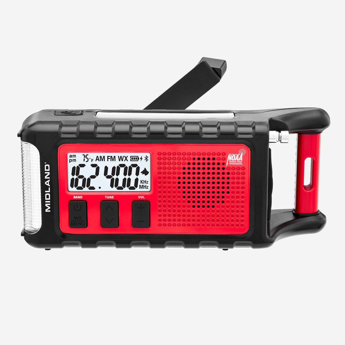 A red and black portable radio with a digital display screen, three control buttons, a folding antenna, and a side handle, shown on a light gray background.