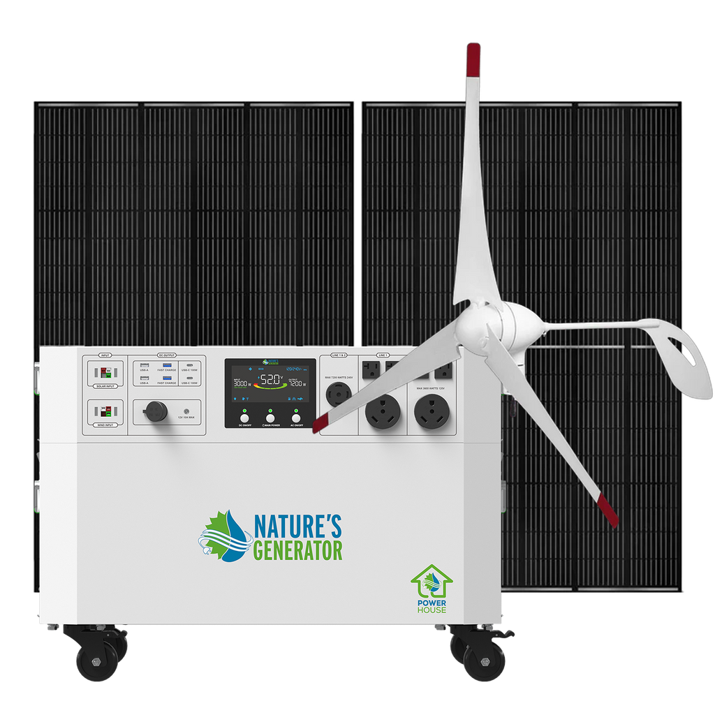 Green energy system with solar panels and wind turbine labeled 'Nature's Generator' on a white background.