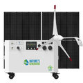 Green energy system with solar panels and wind turbine labeled 'Nature's Generator' on a white background.