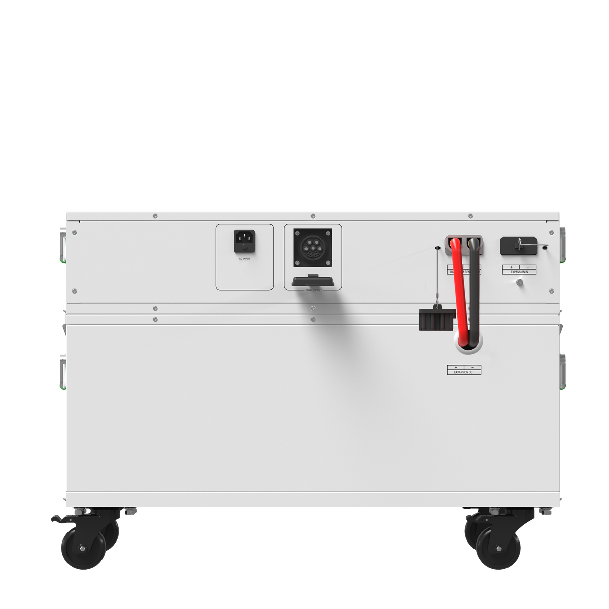 A large white industrial electrical equipment cabinet on casters, featuring front control panels, outlets, and a red safety handle, shown against a plain white background.
