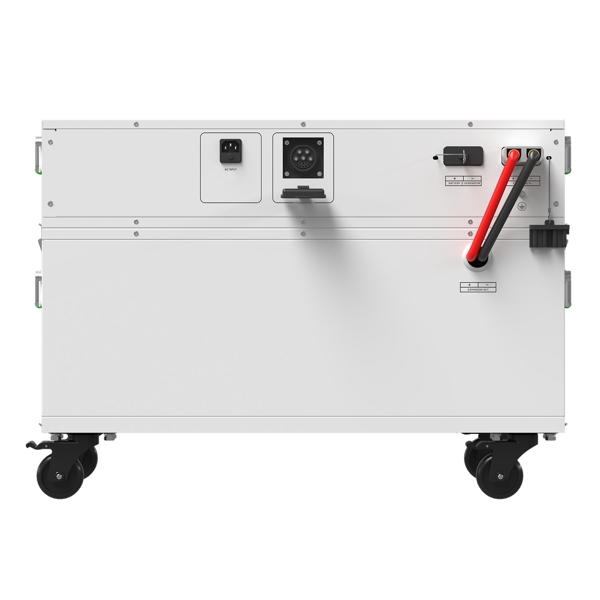 White industrial battery pack with connectors on a white background