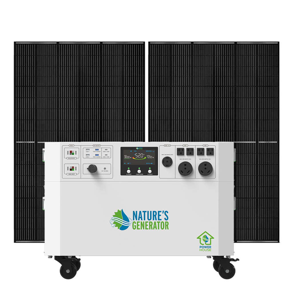 A portable home backup power system featuring two large black solar panels mounted behind a white generator unit on wheels. The generator has a digital display screen, multiple outlets, and the 'Nature's Generator' and 'Greenhouse Energy' logos on the front.