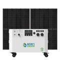 A portable home backup power system featuring two large black solar panels mounted behind a white generator unit on wheels. The generator has a digital display screen, multiple outlets, and the 'Nature's Generator' and 'Greenhouse Energy' logos on the front.