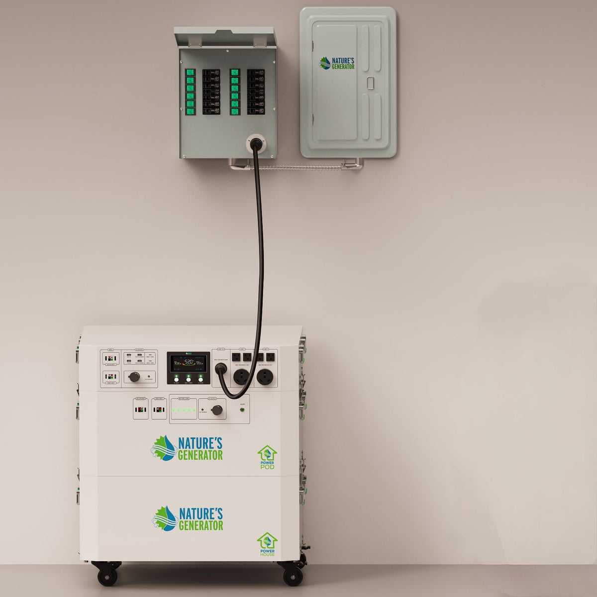 Portable power station with cables and control panel on a beige wall.