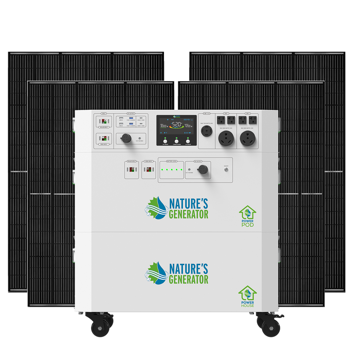 Power station with solar panels on a white background, featuring 'Nature's Generator' branding.