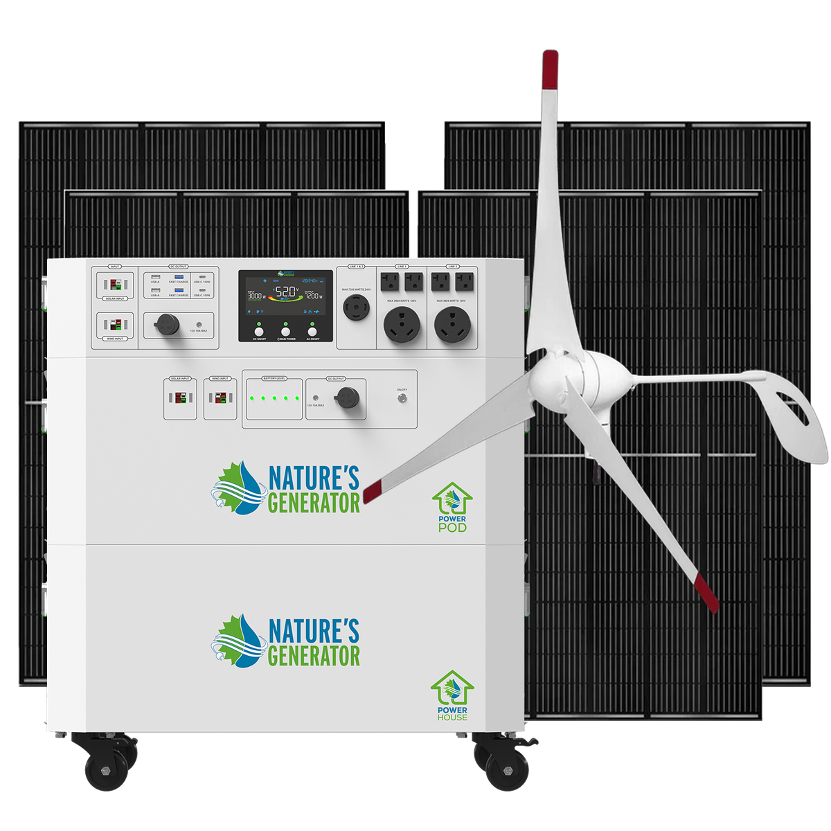Green energy system with solar panels and wind turbine labeled 'Nature's Generator'.