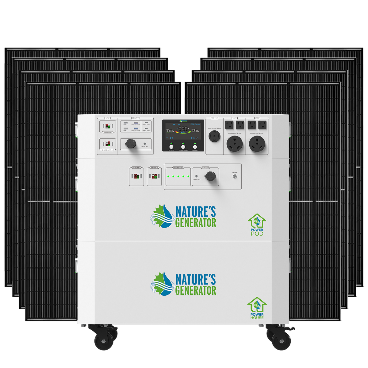 Solar power system with panels and controller labeled 'Nature's Generator' on a white background