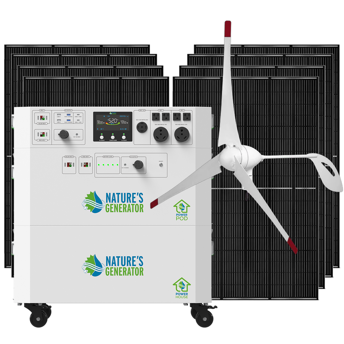 Power station with wind turbine and solar panels labeled 'Nature's Generator' on a white background.