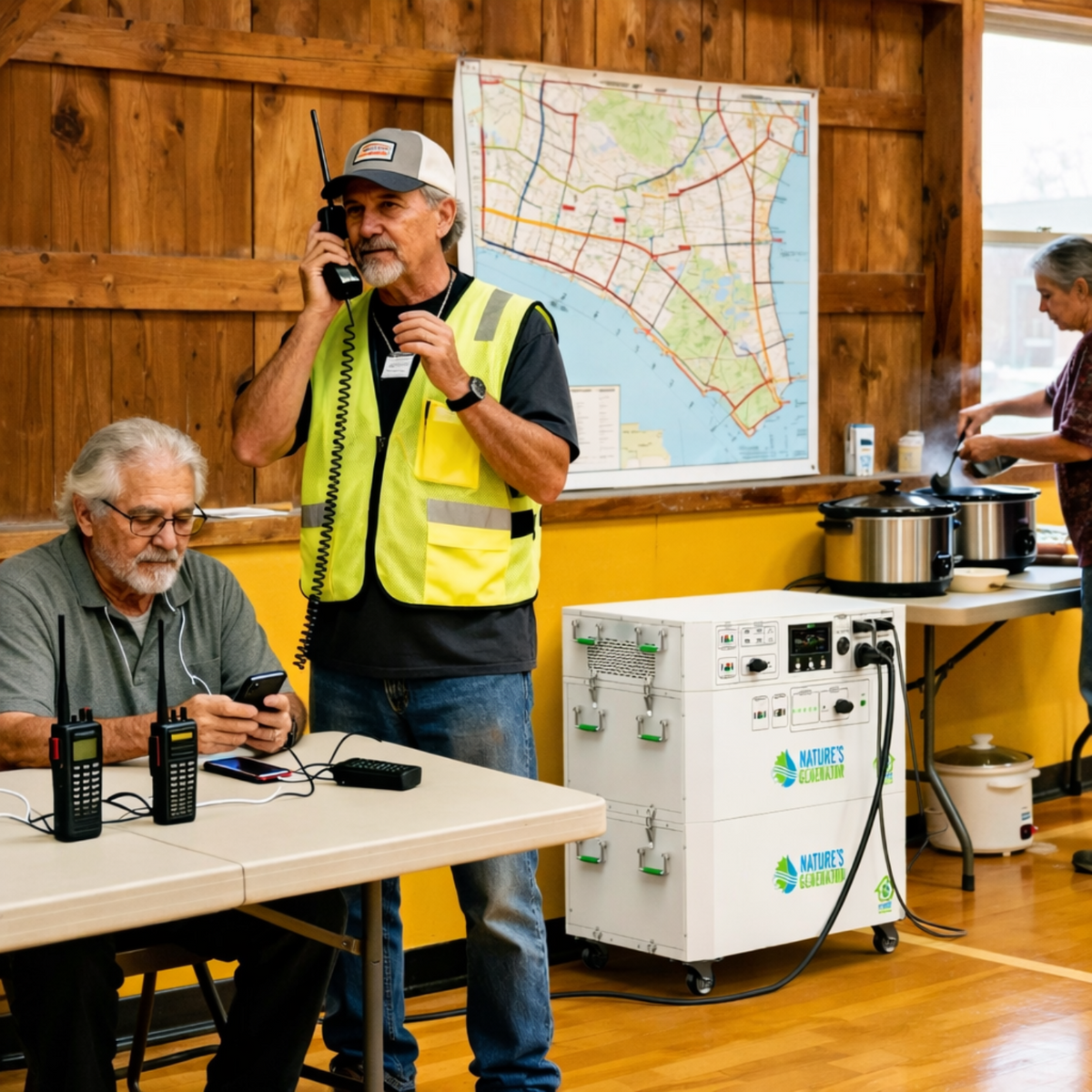 Man in a yellow safety vest using a walkie-talkie in a room with tables, equipment, and a map on the wall.