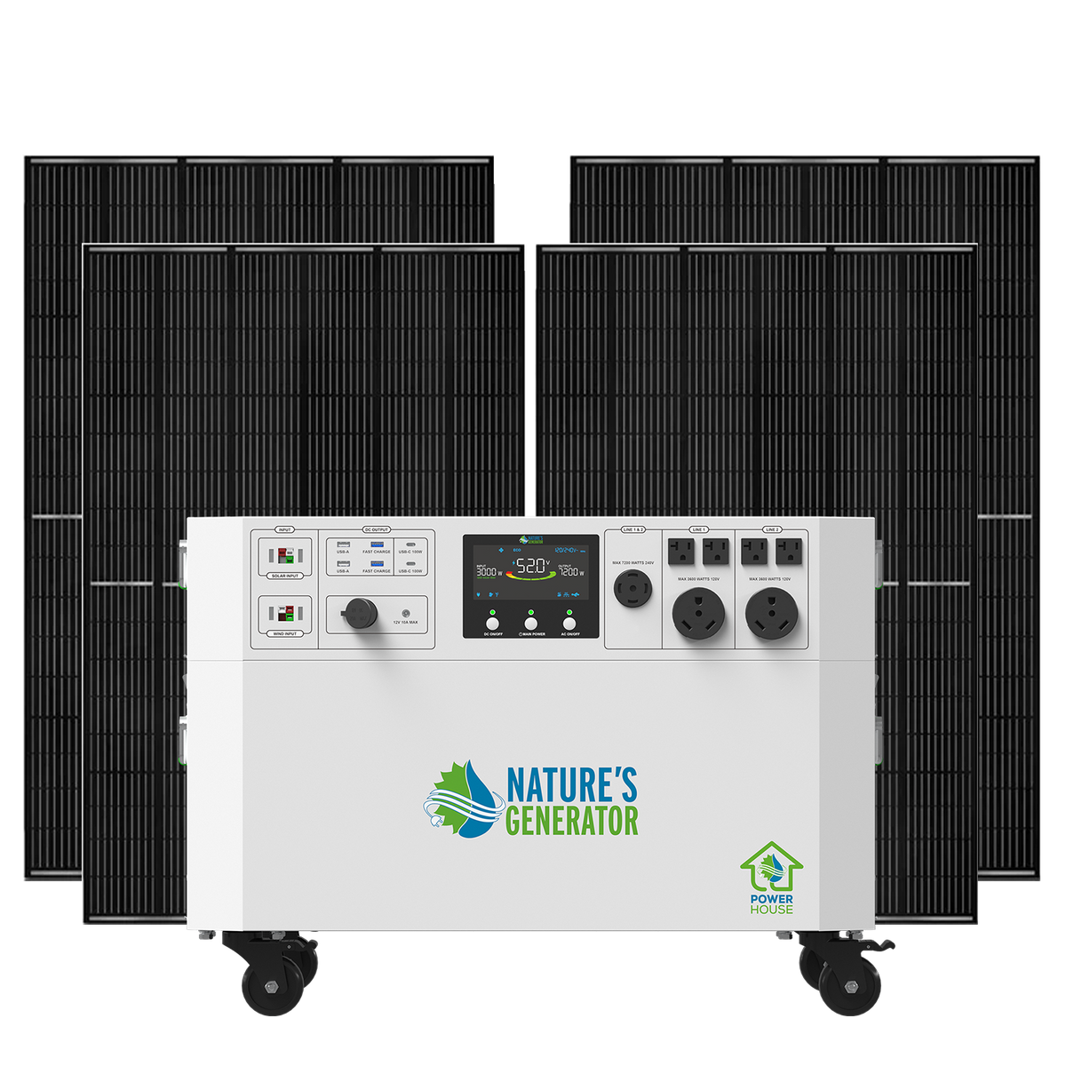 Solar power system with two solar panels and a power station labeled 'Nature's Generator' on a white background.