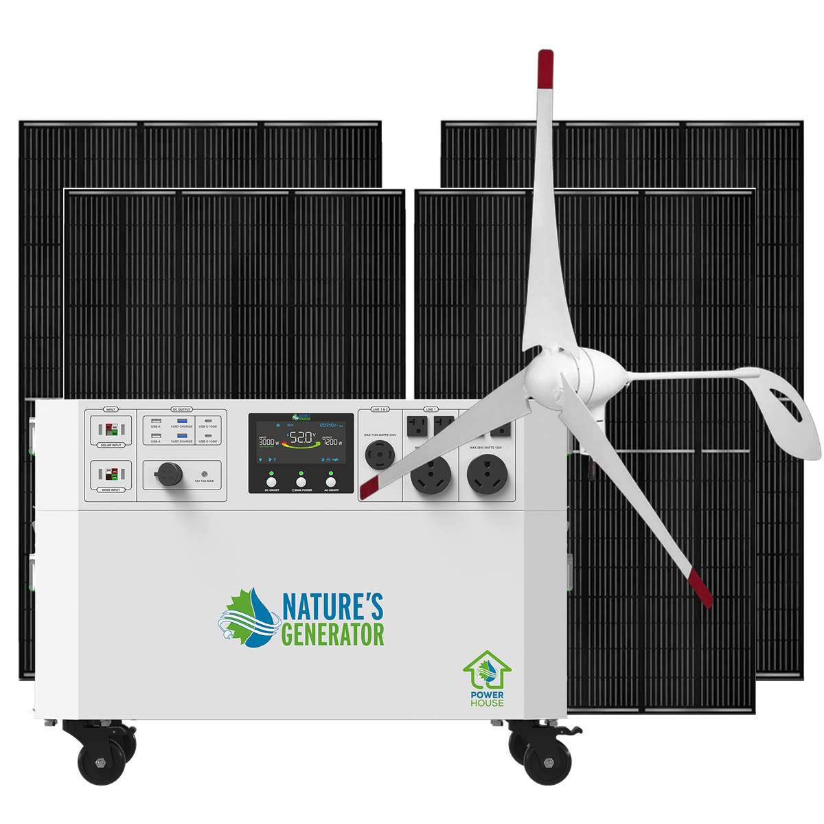 Green energy system with solar panels and wind turbine labeled 'Nature's Generator' on a white background.
