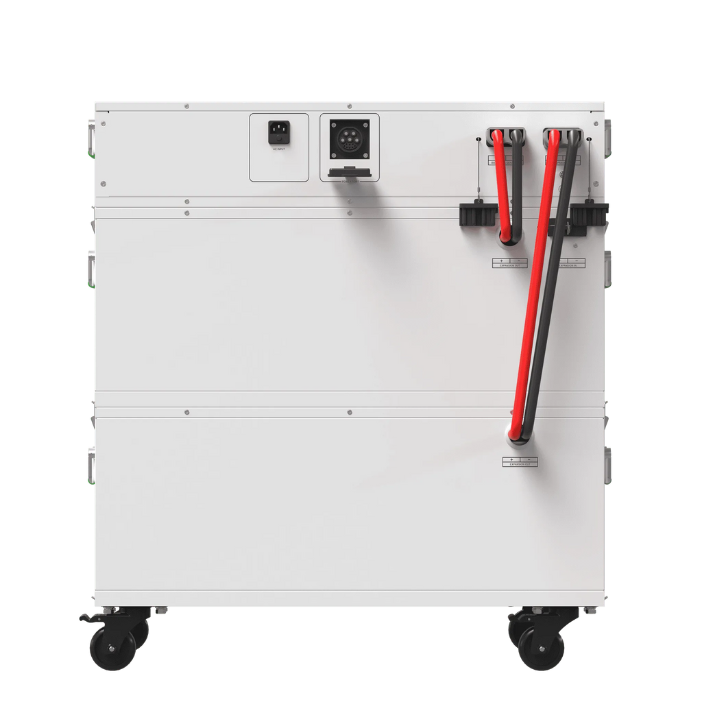 White industrial battery pack with red and black cables on a white background