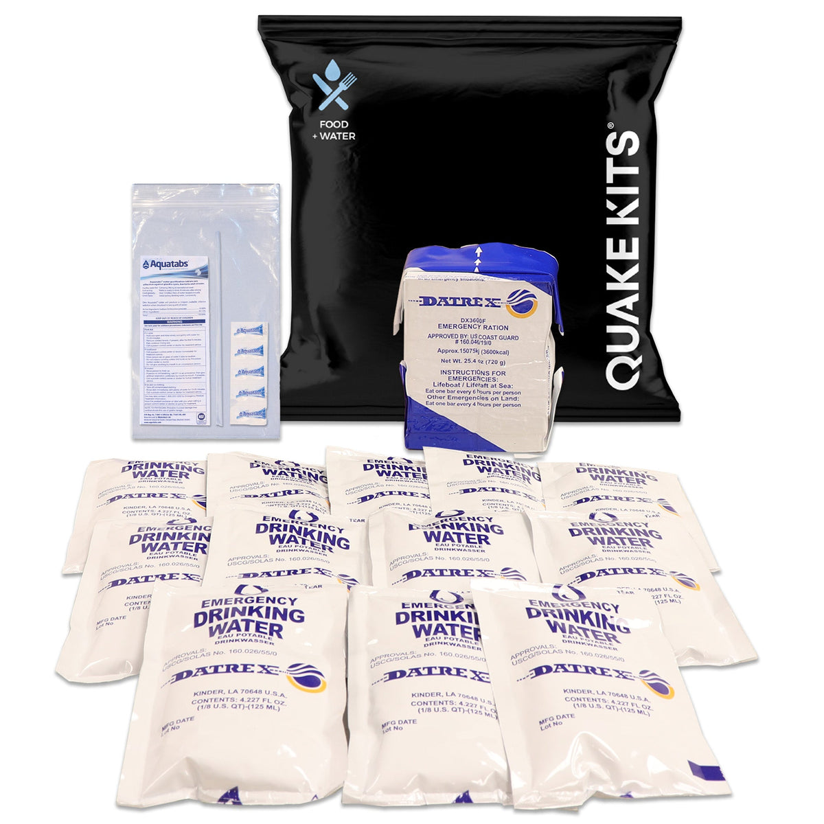 A Datrex emergency drinking water kit set on a white background, featuring a large black bag labeled 'QUAKE KITS' and multiple white pouches of emergency drinking water with blue and purple branding.