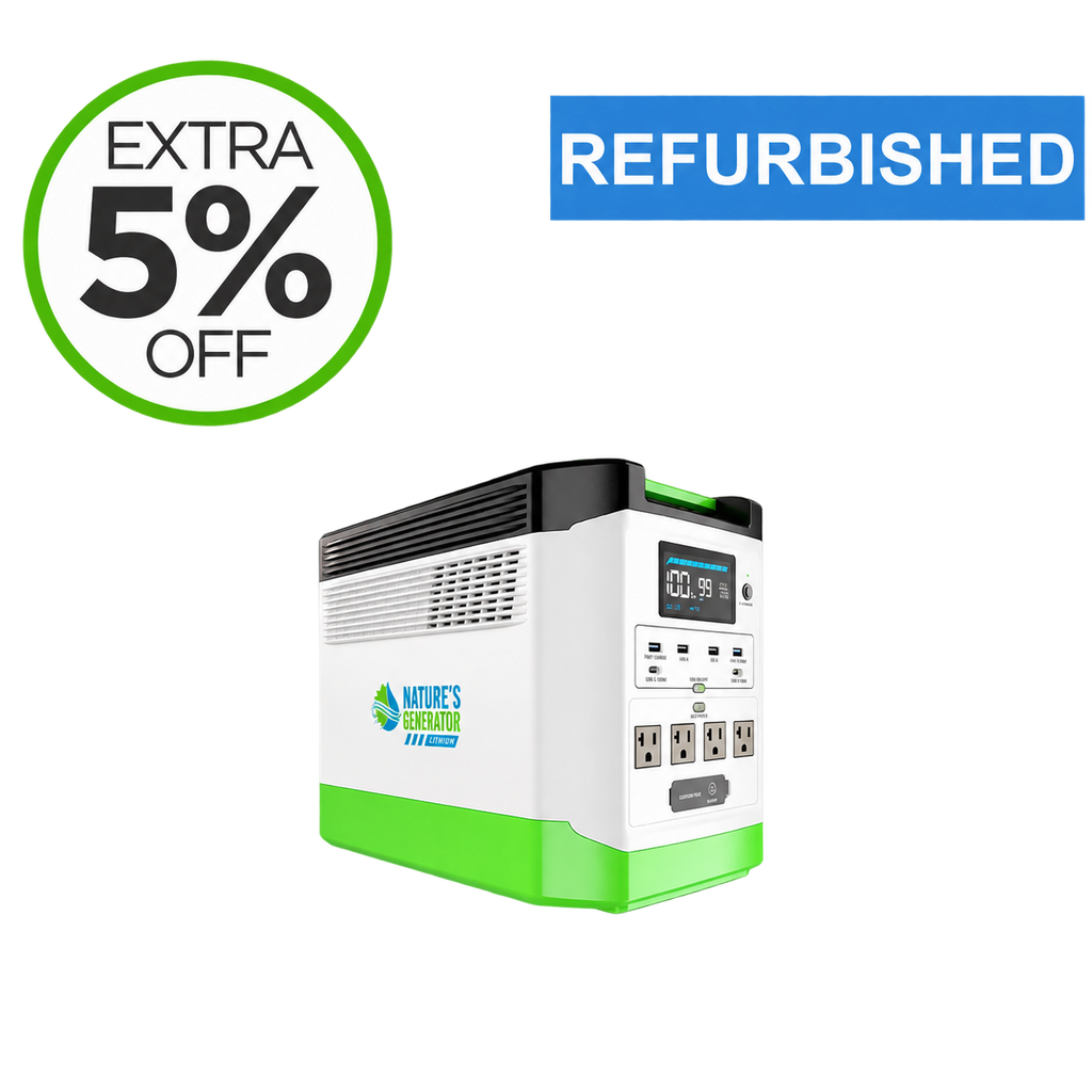 A Nature's Creative 110V Portable Power Station shown on a white background with promotional badges reading 'EXTRA 5% OFF' and 'REFURBISHED'. The product is white with bright green accents on the base and top trim, and black on the vented top section.