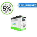A Nature's Creative 110V Portable Power Station shown on a white background with promotional badges reading 'EXTRA 5% OFF' and 'REFURBISHED'. The product is white with bright green accents on the base and top trim, and black on the vented top section.